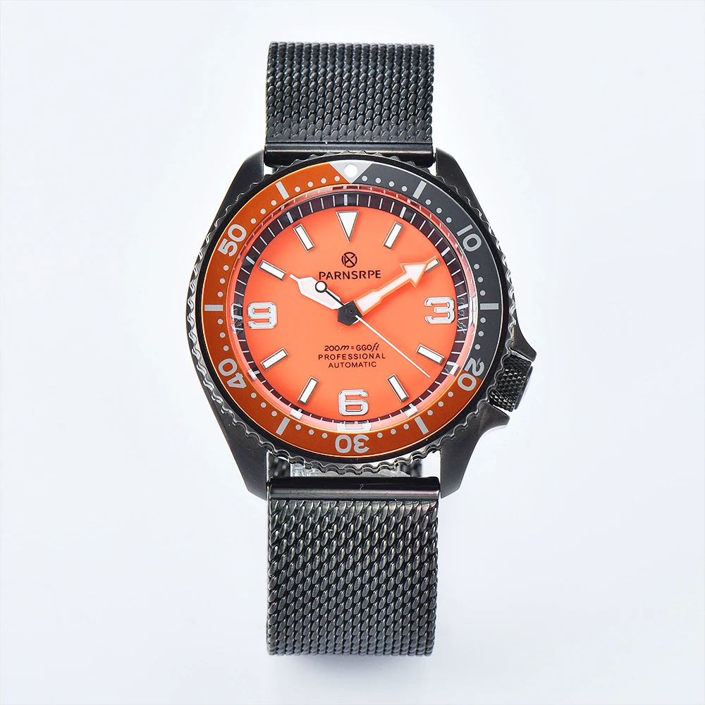 PARNSRPE SK007 Series Men\'s Watch NH35Movement Super Bright Luminous Dial One-third Gray Orange Bezel Automatic Mechanical Watch