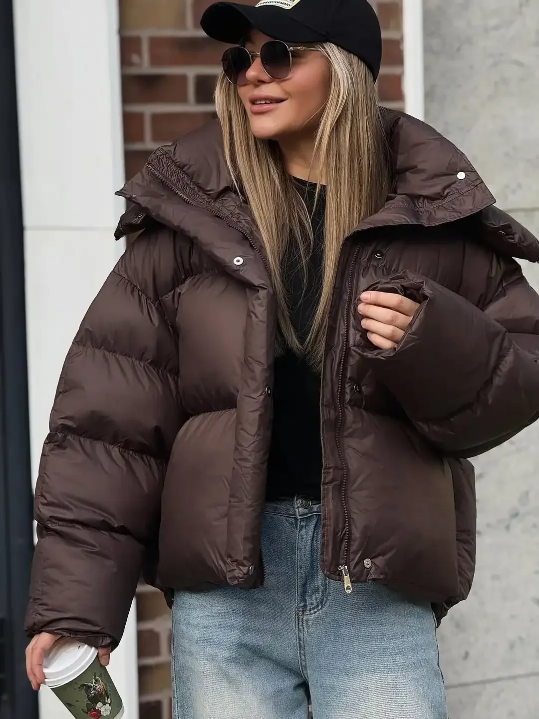 

Casual Brown Stand Collar Full Sleeve Loose Jacket Lady Winter Office Commute Outwear Women Autumn Hooded Short Cotton Coat