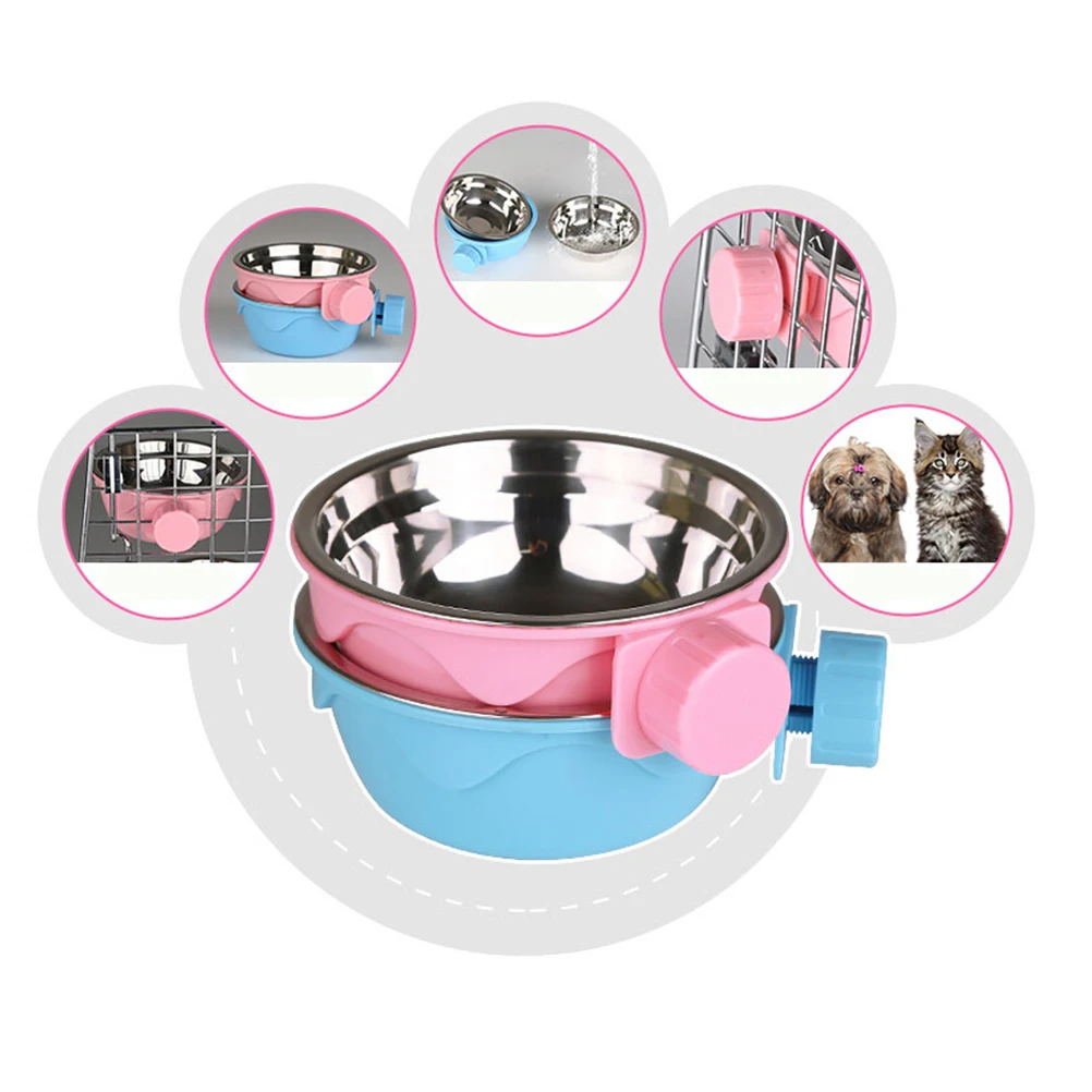 

Pet Dog Cat Bowl Stationary Dog Cage Bowl Stainless Steel Hanging Bowl Two-layer Detachable Stationary Dog Bowl (Pink)