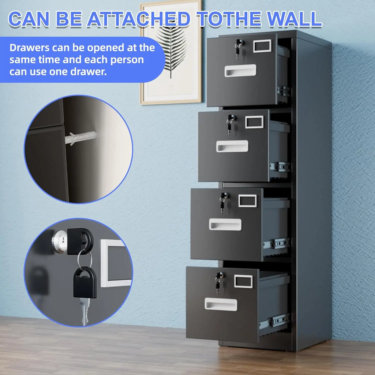 AOBABO Metal Vertical File Storage Cabinet with 4 Drawer and 4 Lock, with Name Card Holder for A4 Letter/Legal size