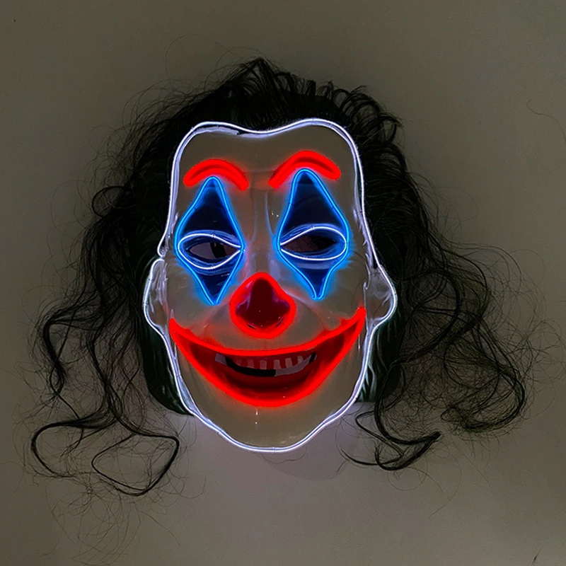 Máscara facial brillante con tema de película EL Wire, máscara de Jocker LED luminosa para Cosplay con pelo verde, máscara de payaso iluminada, suministros de Carnaval