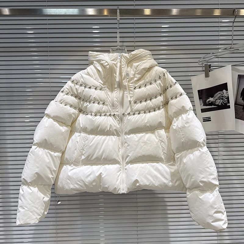 2025 Inverno Nuovo stile americano Industria pesante Bordo di perforazione Crimpatura Giacca in cotone caldo con cappuccio Cappotto di design alla moda