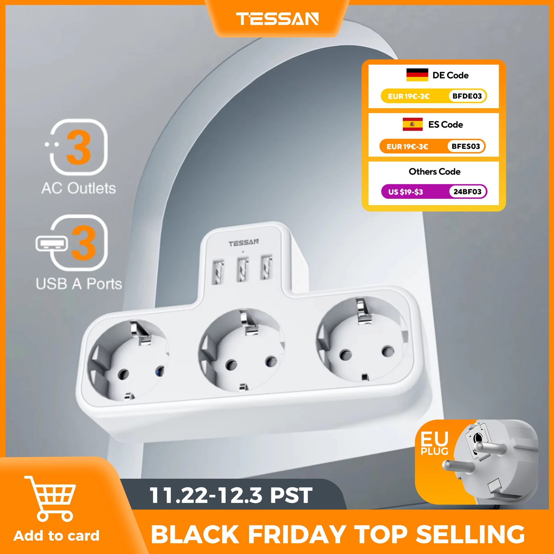 TESSAN 3-Way Socket with USB Surge Protection, 6-in-1 Socket Adapter with 3 USB Ports 5V/2.4A for Smartphone, Laptop, Camera