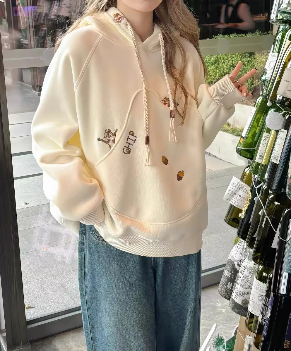 Japanese Cartoon Embroidery Hoodie for Women Spring Fall Loose Fit Relaxed High-End Grey Sweatshirt Jackets