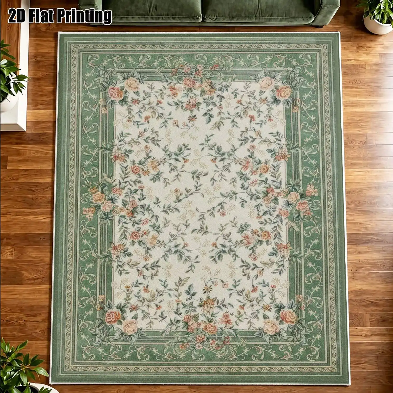 1Pc 2D Printed Velvet Carpet, Green Border, Beige Base Pink Flower Pattern, European Retro Minimalist Style, Machine Washable, Multi-Size for Home Decor Multi-Scene Use