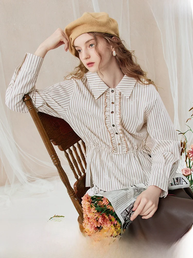

Retro Lace Patchwork Waist Cinched Stripe irt Women's Loose Fit Breathable Long Sve Button down Cardigan Sle Commute Wind