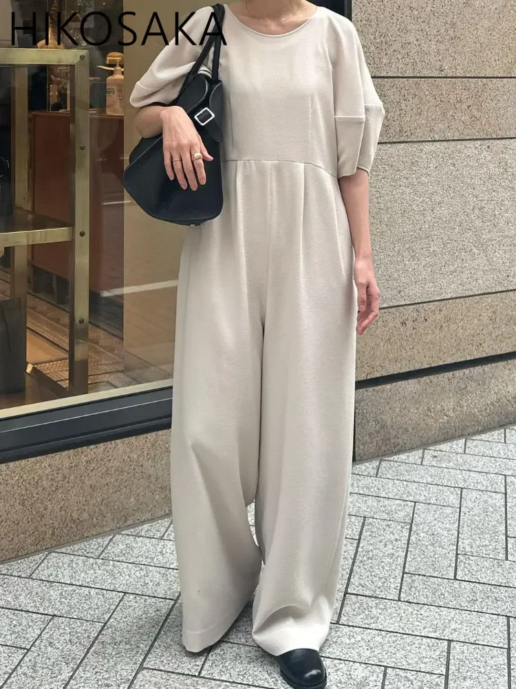 Summer New 2024 Japan Simple Vintage Design Jumpsuit O-neck Lantern Sleeve High Wasit Playsuit Solid Loose Casual Romper Mujer