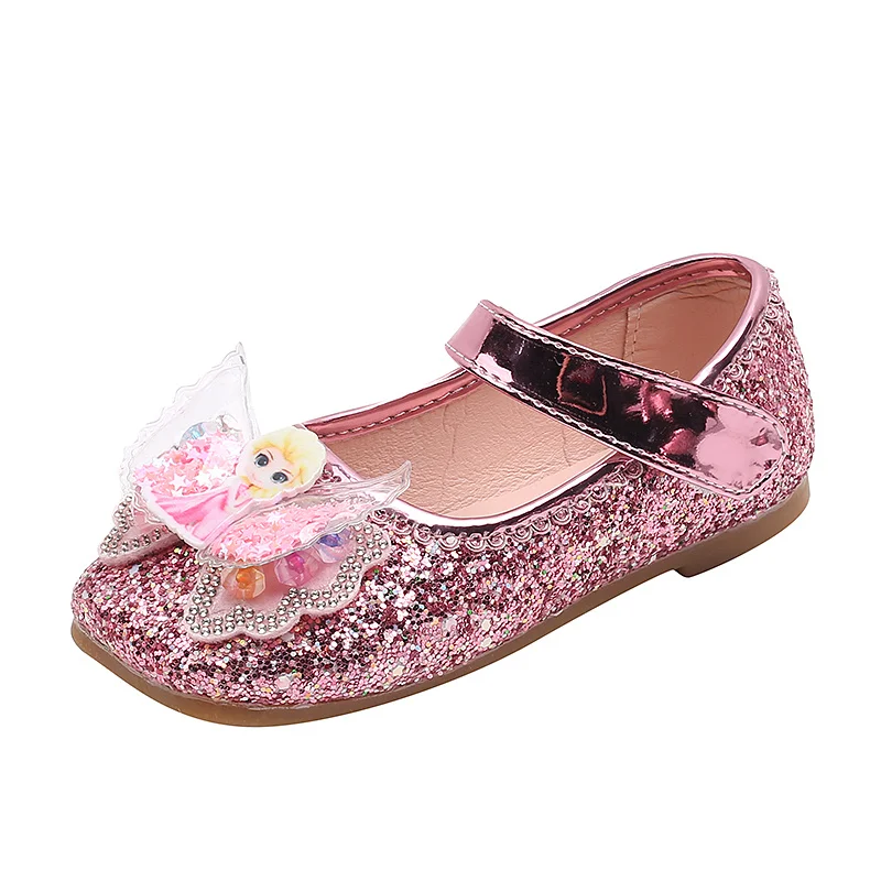 Disney Frozen Elsa Princess Designer Crystal Casual Flat Shoes for Kids Girls Bling Square Toe Baby Shoes Child Flats Sneakers