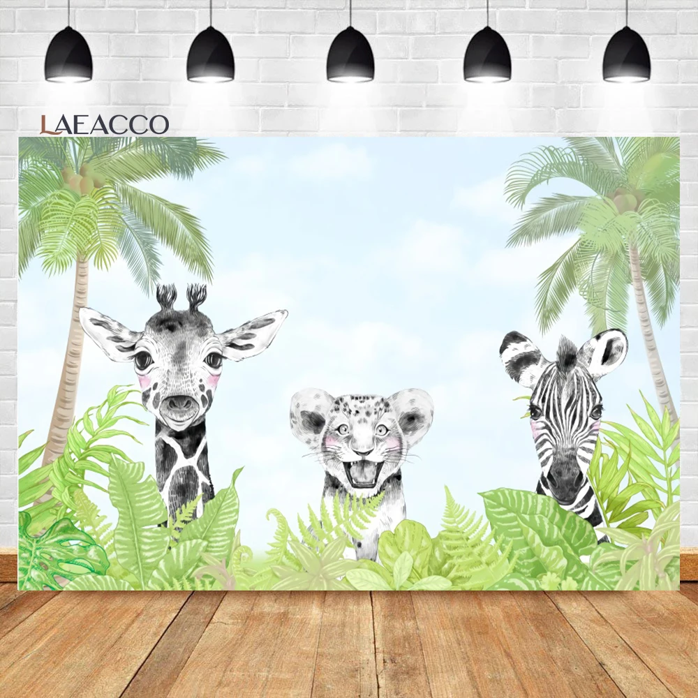 

Laeacco Safari Party Animals Backdrop Tropical Jungle Cute Lion Giraffe Kids Birthday Portrait Customized Photography Background