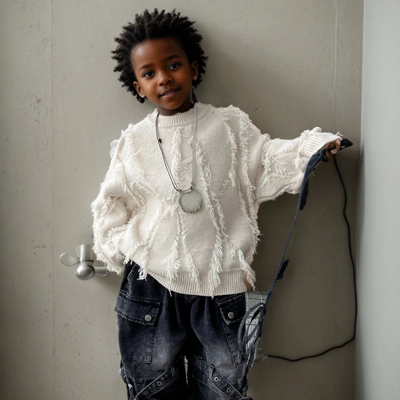 2026 Autumn Winter New Boys Sweater Loose Street Style Round Neck Woollen Sweater For 2-6Y Kids Tassels Knitted Bottoming Shirt