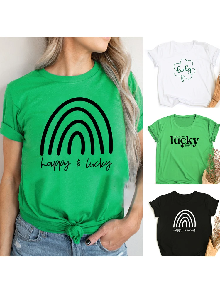 

St Patricks Day Happy and Lucky Women Harajuku T Shirts Short Sleeve T-shirt Summer Funny Graphic Tees Female Party Wear Gift