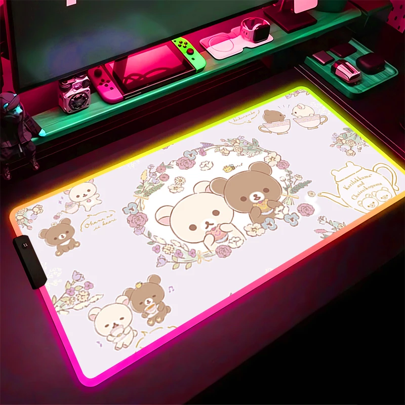 

RGB светодиодный коврик для мыши, компьютерный геймер, аксессуары для ПК, коврик для мыши, резиновый удлиненный коврик, нескользящий настольный коврик для ноутбука, коврик для клавиатуры R-rilakkuma