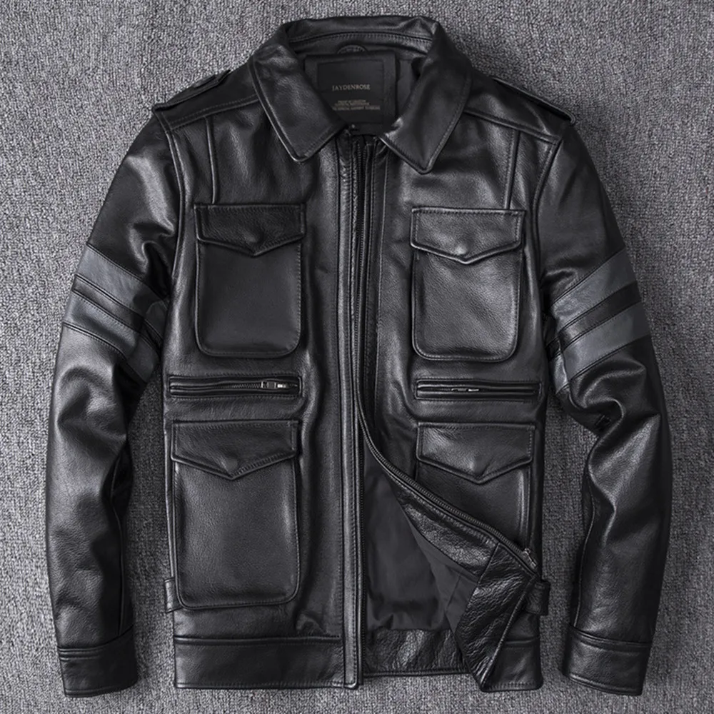 

Europe Style Autumn Men's High Quality Cow-leather Coat Hot Chic Pockets Biker&Motor Genuine Leather Jackets C354