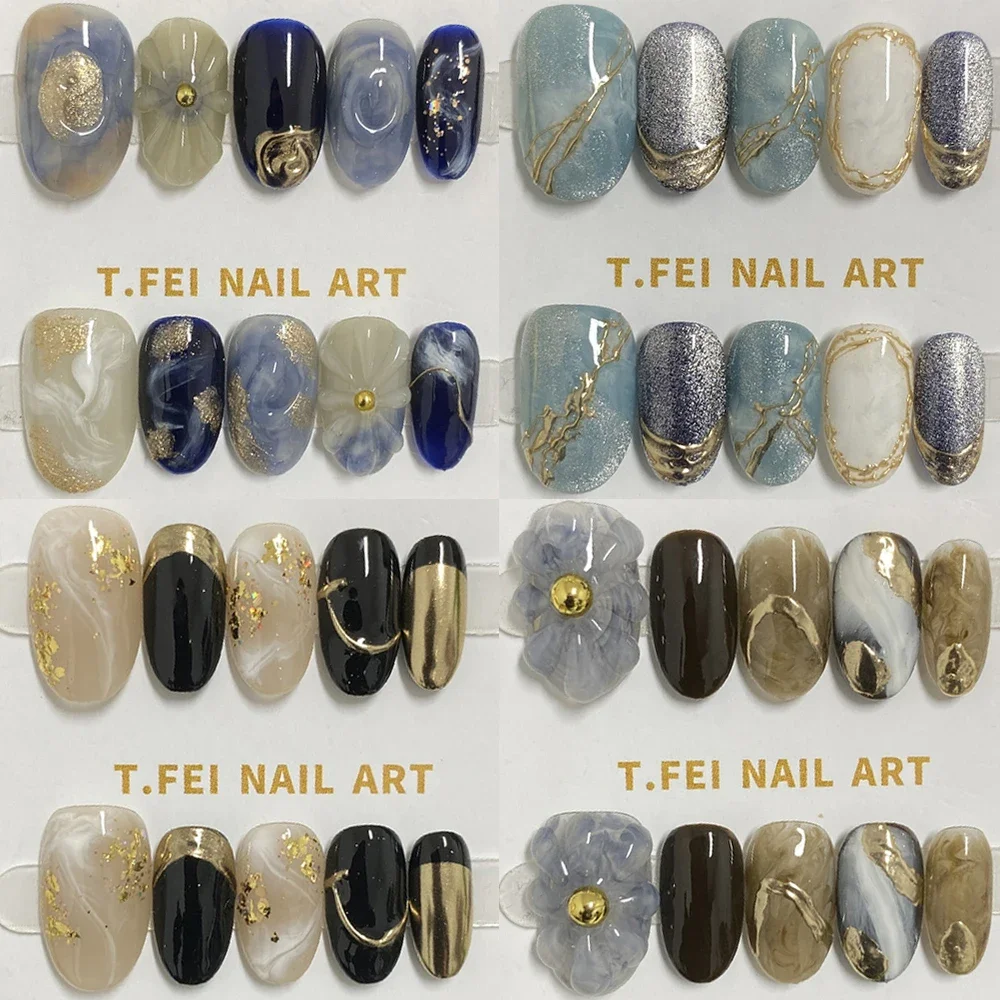 10Pcs Handmade Short Kawaii High Quality Nails Party Stickers 3D Flowers Pearl Flash Cat Eyes Design Artifical Press On Nails