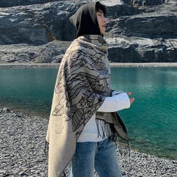 Unisex Faux Cashmere Poncho Shawl Cozy Soft Wraps With Modern Feather Pattern Warm Scarf Men & Women Stylish Outdoor Cape Boho