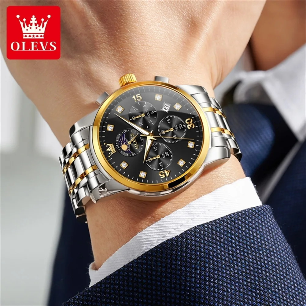OLEVS 3652 Mens Watch Brand Multifunctional Chronograph Quartz Watch Stainless steel Waterproof Luminous date Watch For Man