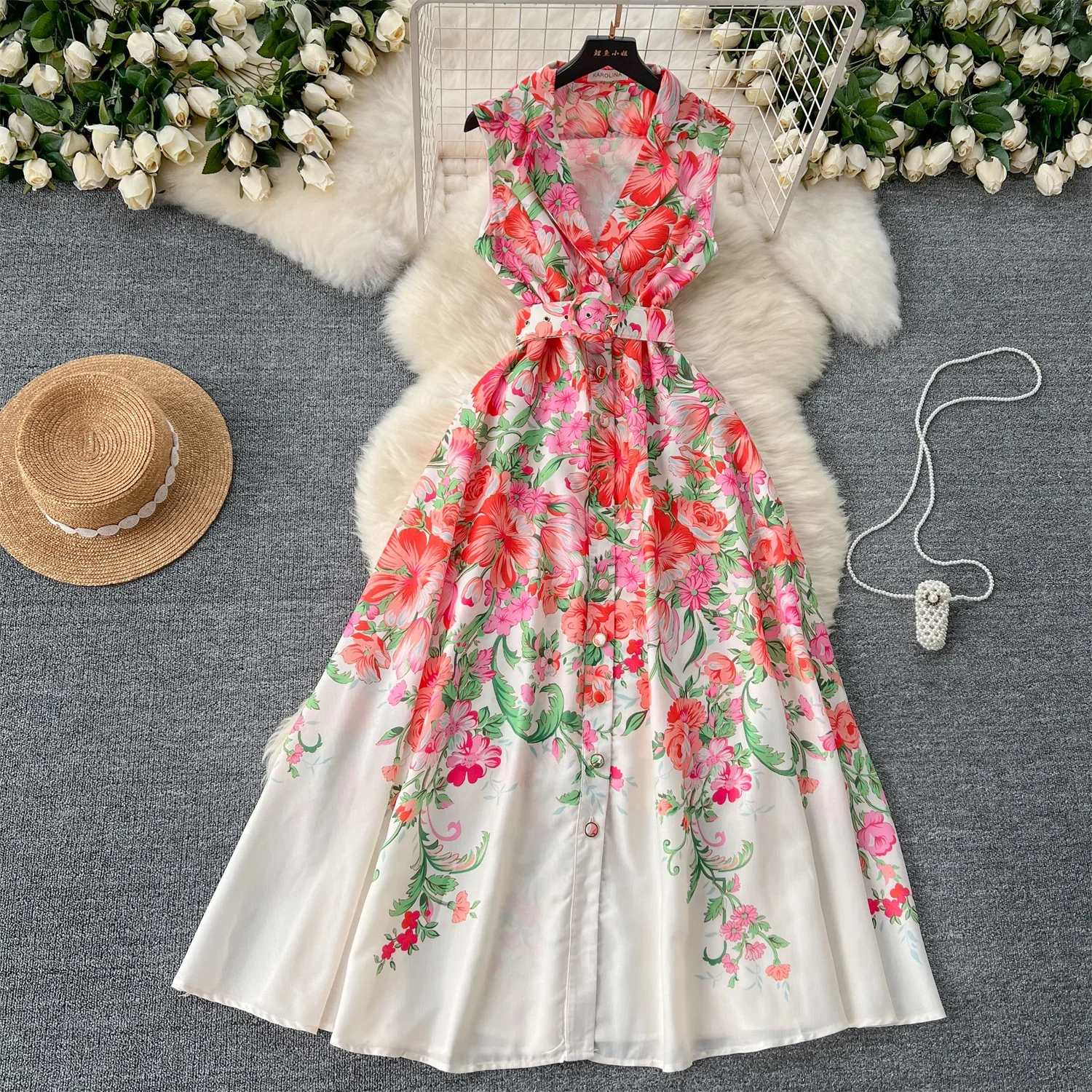 

TRAF Holiday New Office Lady Slim Notched Collar Sleeveless Oil Print Long Dress Fashion French Wavy Edge Sashes Chiffon Vestido