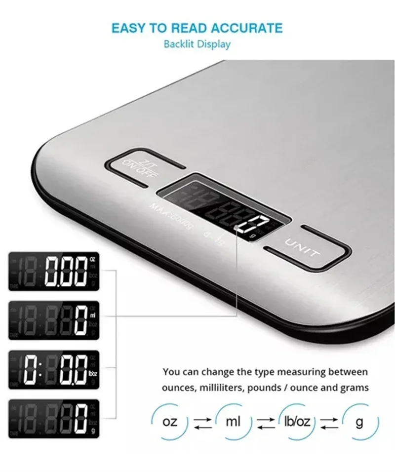 5KG Kitchen Scale Stainless Steel Portable Food Scale LED Electronic Scales Jewelry Baking Weight Digital Scale