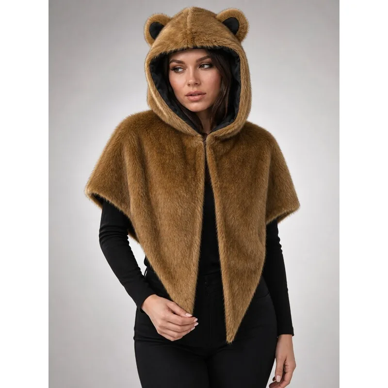 Plush Bear Ear Hooded Cape for Women Mens Warm Fuzzy Cloak with Bear Ears Faux Fur Shawl Retro Vintage Cosplay Party Costume