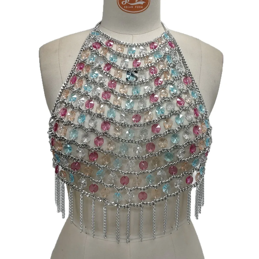 

Pure Handmade Woven Beaded Acrylic Rhinestone Hollow Out Bra Tops Breast Chain Beach Party Sexy Crop Tops Tassel Body Jewelry