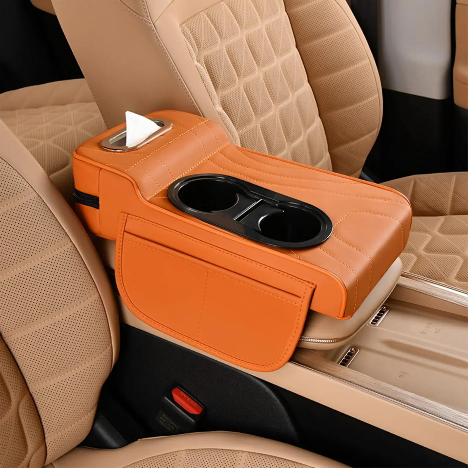 Leather Car Armrest Cover Car Armrest Box Heightening Pad with Side Storage Bag with Tissue Box 2 Cup Holder Automotive Interior
