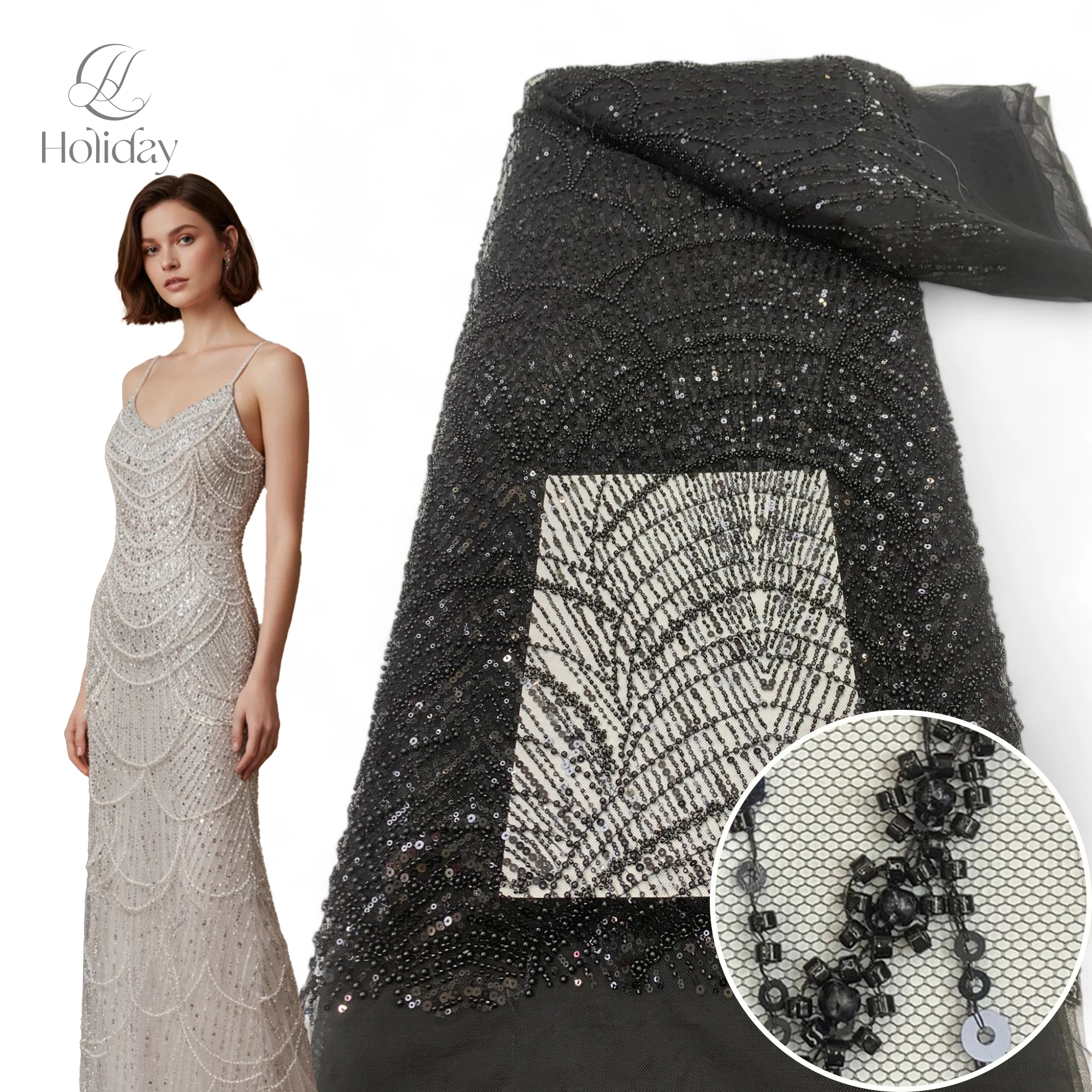 

High Quality Beaded Lace Fabrics for Wedding Fabric Material White Bridal Lace with Sequins Luxury African Lace Fabric 5 Yards