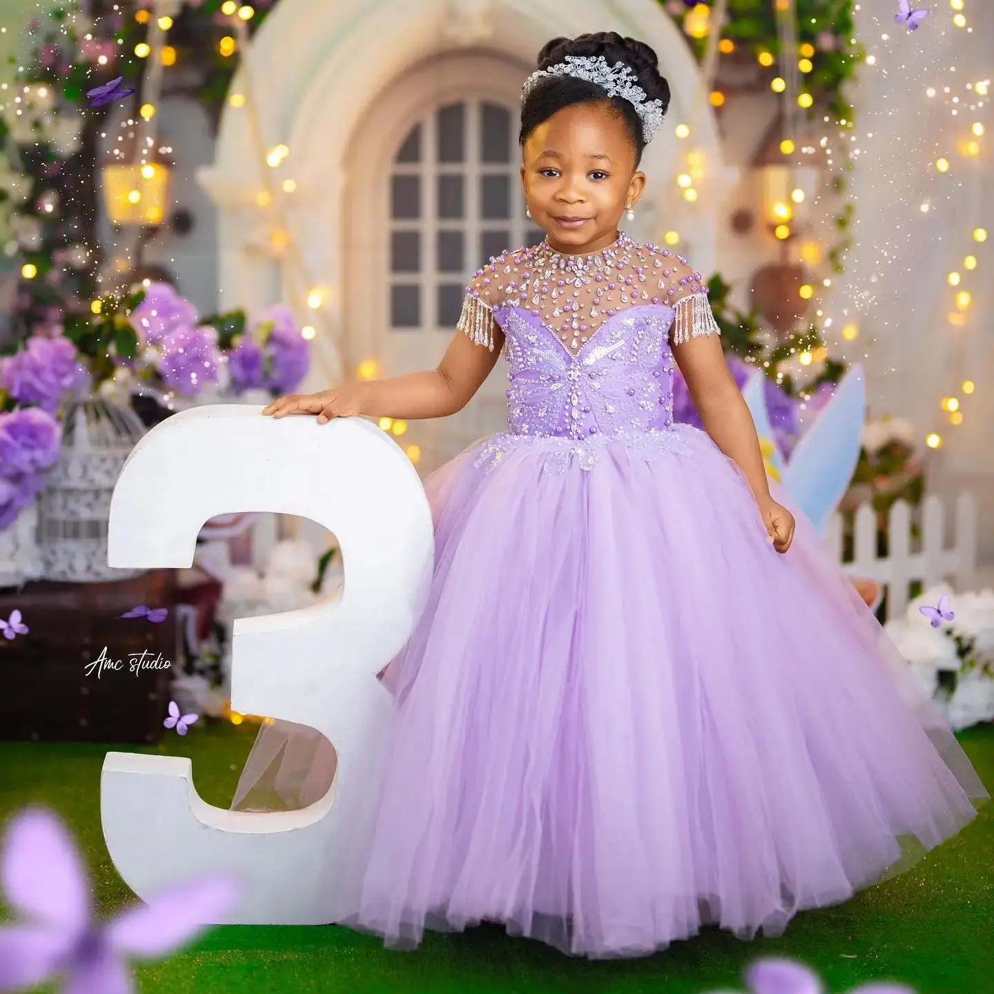 Lavender Beading Girls Birthday Party Dresses Customized Crystal Flower Girl Dresses for Wedding Baby Ball Gowns for Photo Shoot