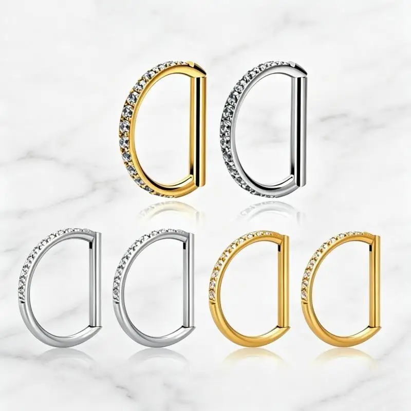 D Shape Hinged Segment Nose Hoop 16G F136 Titanium Full CZ Paved Clicker Hypoallergenic for Men Daily Wear