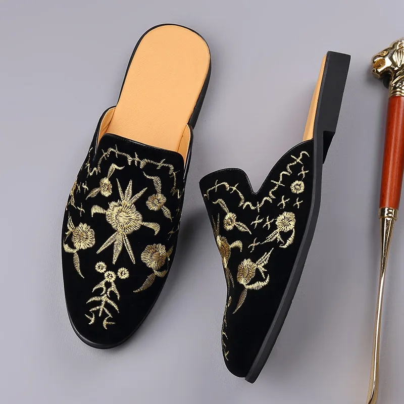 

Men Shoes Retro Embroidered Baotou Half Slippers Quality Suede Business Casual Slippers Classic Slip on Loafers Large Size 38-48