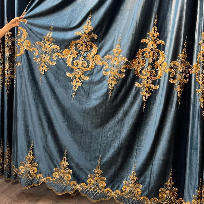 Custom American Living Room Thick Velvet Embroidered Blue Court Wind  cloth blackout curtain tulle valance drape C2160