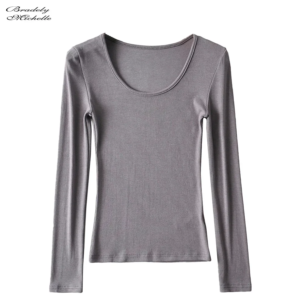 BRADELY MICHELLE Made Women Clothing Tops Fit Casual Elastic Cotton Solid O-neck Full Sleeve T-shirt Women