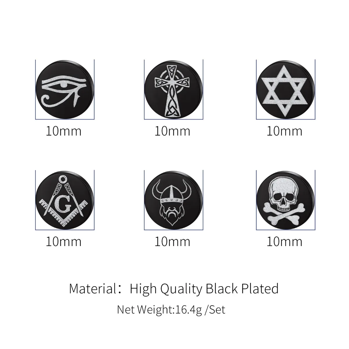 6pairs/set Black Round Stud Earrings Skull Celtic Cross Star of David Viking Wolf Tree Fighter Eye of Horus Unisex Jewerlry QC24