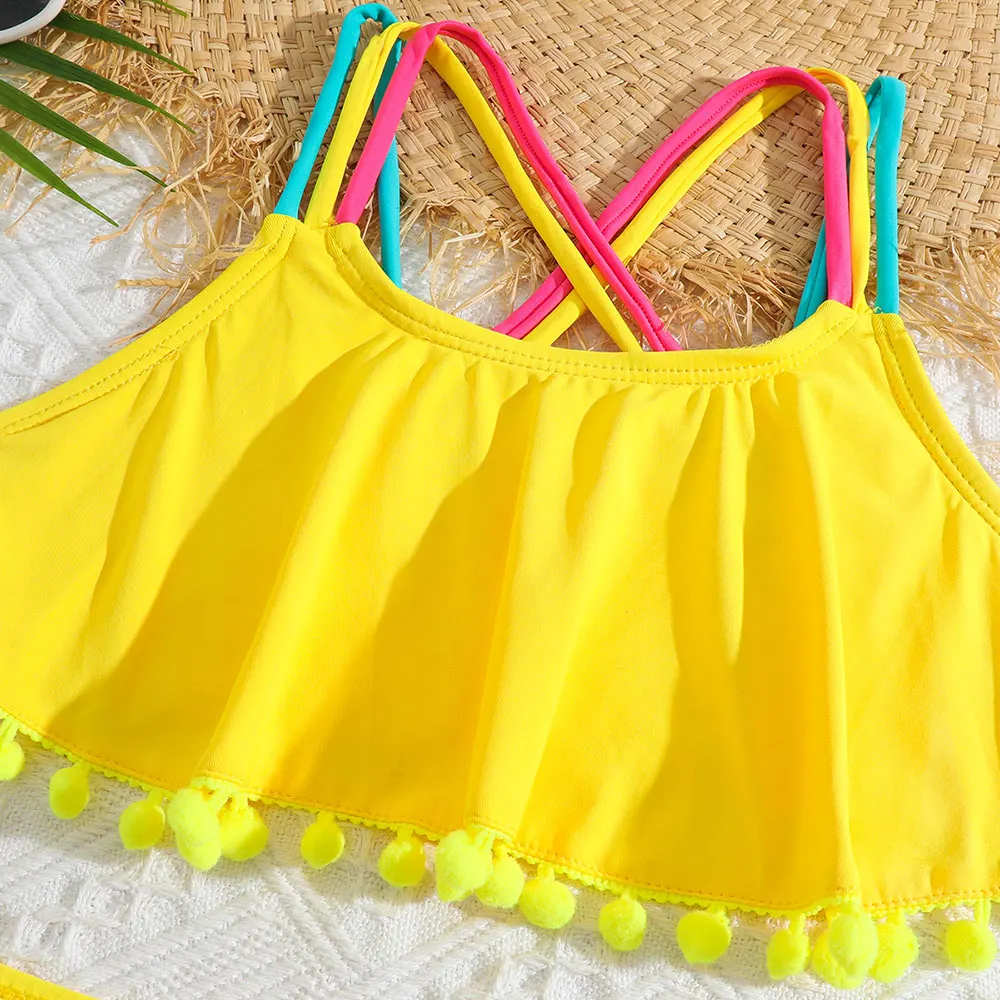 Girls Solid Ruffle Flounce Bikini Swimsuit Kids Criss Cross Back Two Piece Children\'s Swimwear 5-12 Years Bathing Suit Beachwear