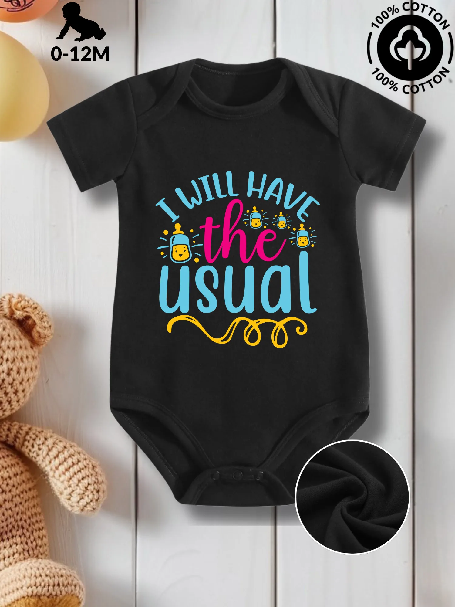 

I Will Have The Usual Unisex Baby Crawling Suit, Pure Cotton Skin Care Onesie, All-Season Wear Black Bodysuit 190GSM
