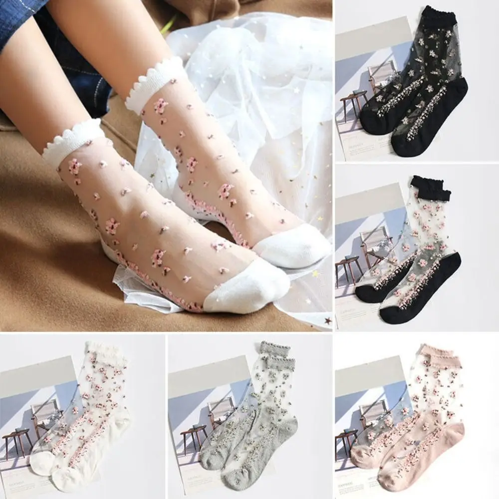 New Elastic Lace Summer Socks Transparent Sheer Non-slip Flower Ankle Hosiery Breathable Mesh Ankle Sock