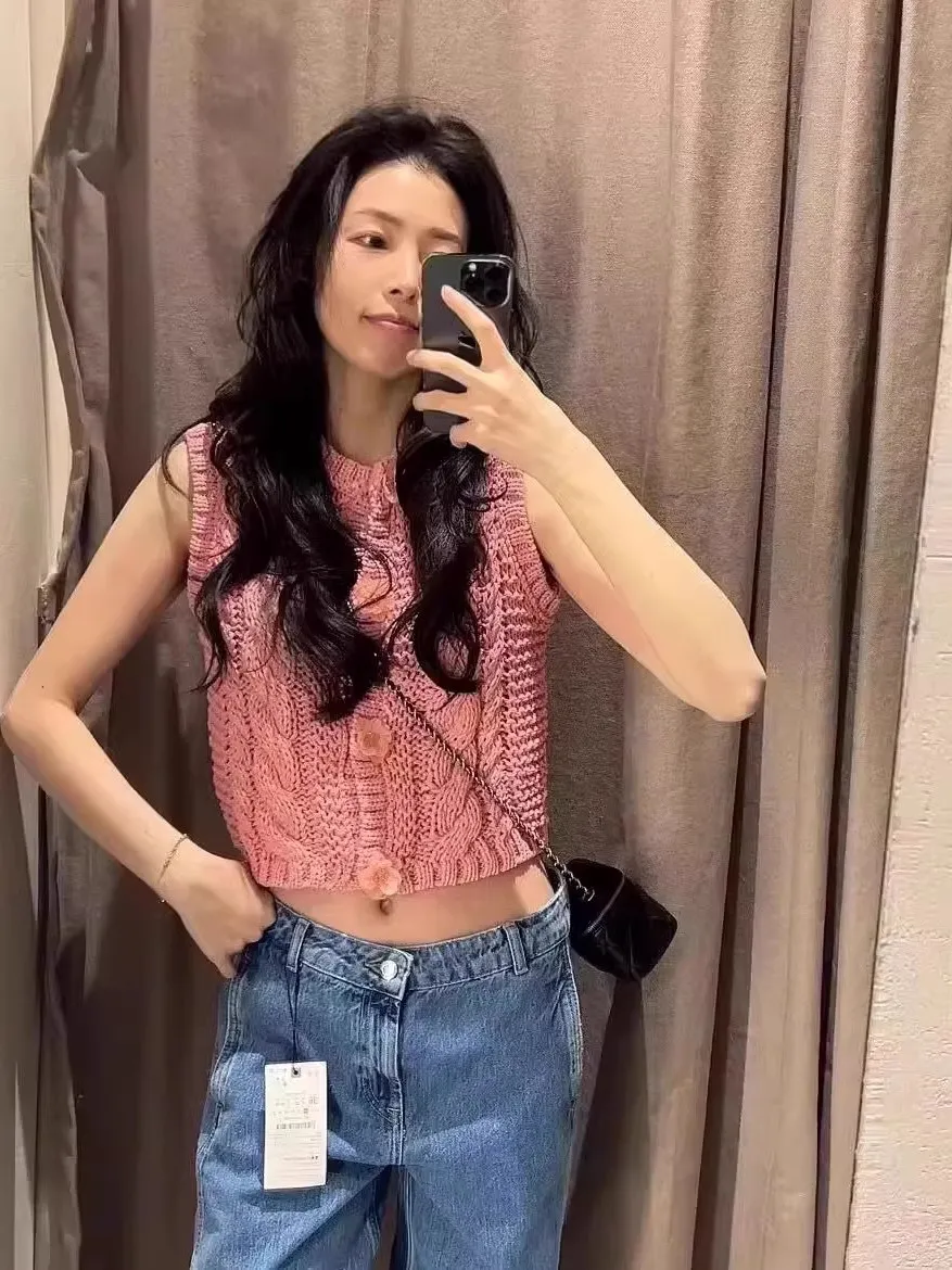 

Spring New Arrival Women's Knitted Svel Vest Pink Flutton Design Slim Fit Commute Sle round Ne ort Coat