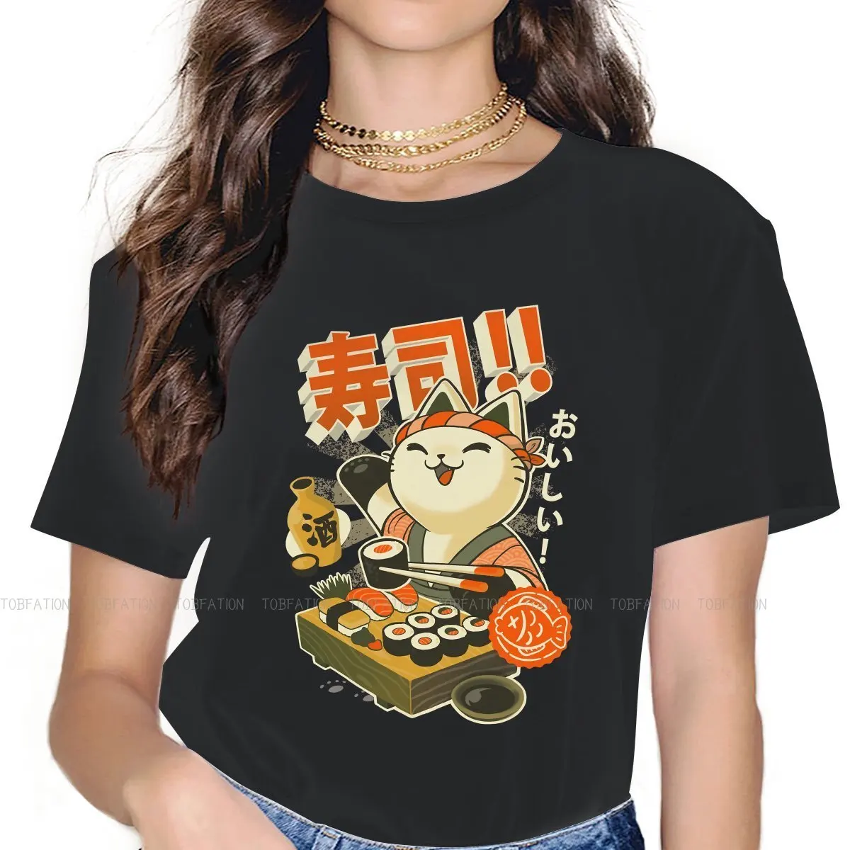 Sushi Chef Restaurant Kitty Japanese Food TShirt For Women Cat Arts Retro Tops Fashion Ladies T Shirt Cotton Summer Oversized