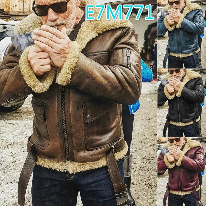 

European Sle Men's Thiened Leather Fur Jaet Independent Station Velvet Artificial Hair Coat Long Sve Zipper Closure