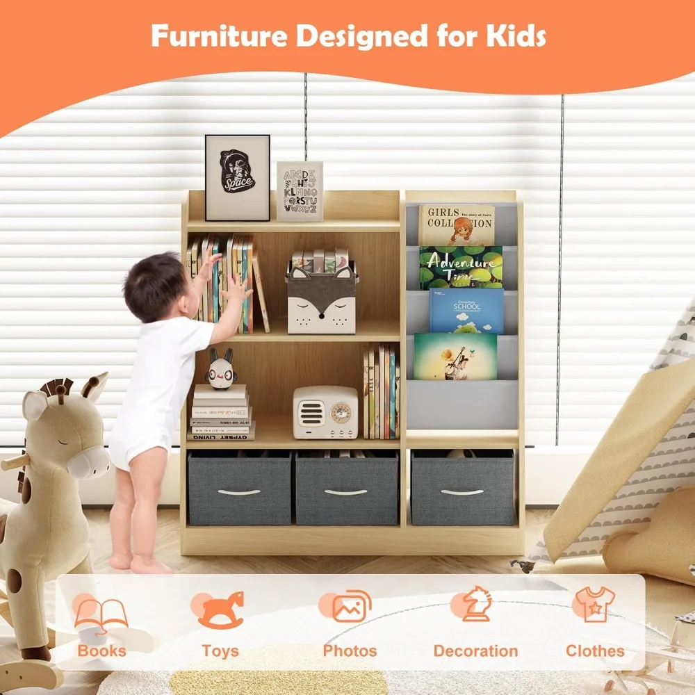 Toddler Bookshelf with Storage Bins, Wooden Nursery Display Shelf, Child Bookcase Organizer for Toys