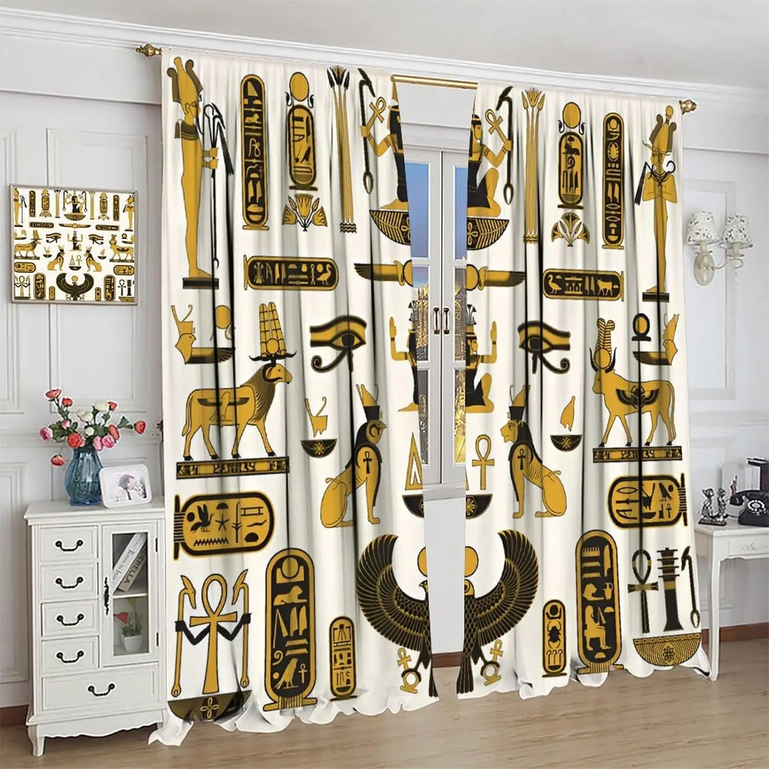 Golden Egyptian Curtains, Ancient Egyptian Boho Tribal Black Gold Hieroglyph Symbols Print Window Treatments for Bedroom Living