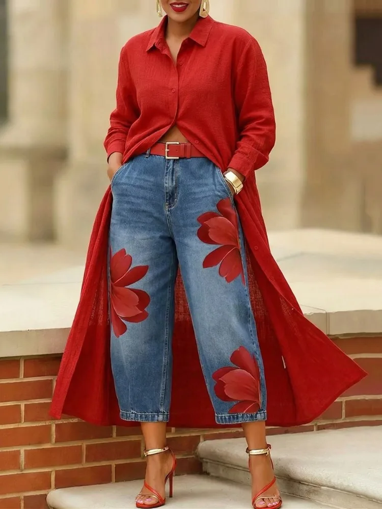 Missuoo Women's High Waist Cropped Jeans Large Red Floral Print Relaxed Fit Denim Capri Pants 2026 Summer Streetwear Pants