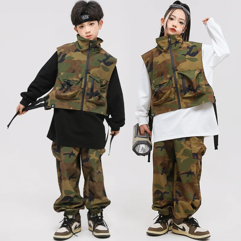 

Teens Kids Hip-Hop Street Dance Performance Costume Camouflage Vest Pants Boys Girls Stage Outfit Rave Modern Jazz Dance Clothes