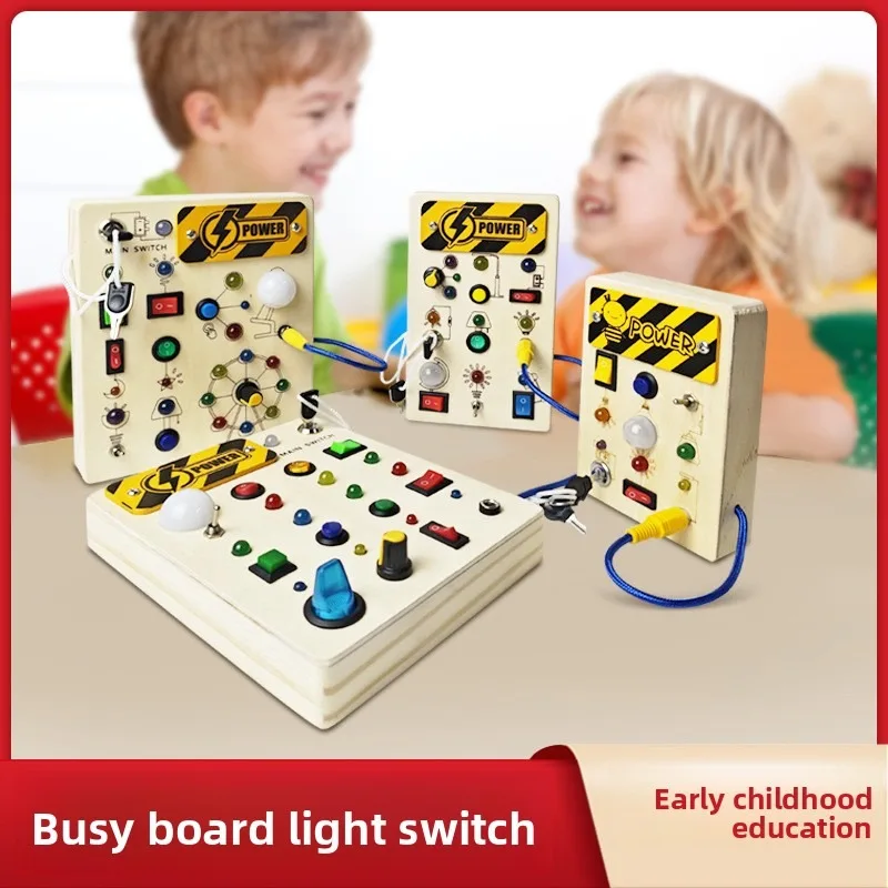 Wooden Electronic Busy Board LED Light Switch Control Montessori Sensory Activity Travel Educational Toy Gift for Kids 2-4 Years