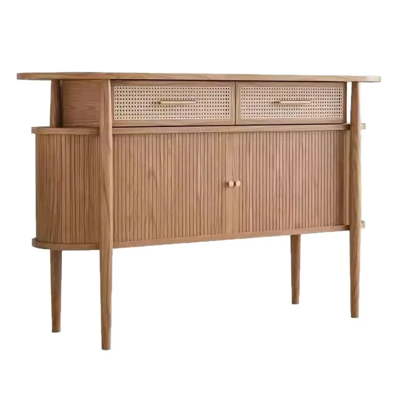 Medieval style entrance cabinet, ash wood solid wood, Nordic modern simple foyer rattan dining side locker, wabi sari low cabine