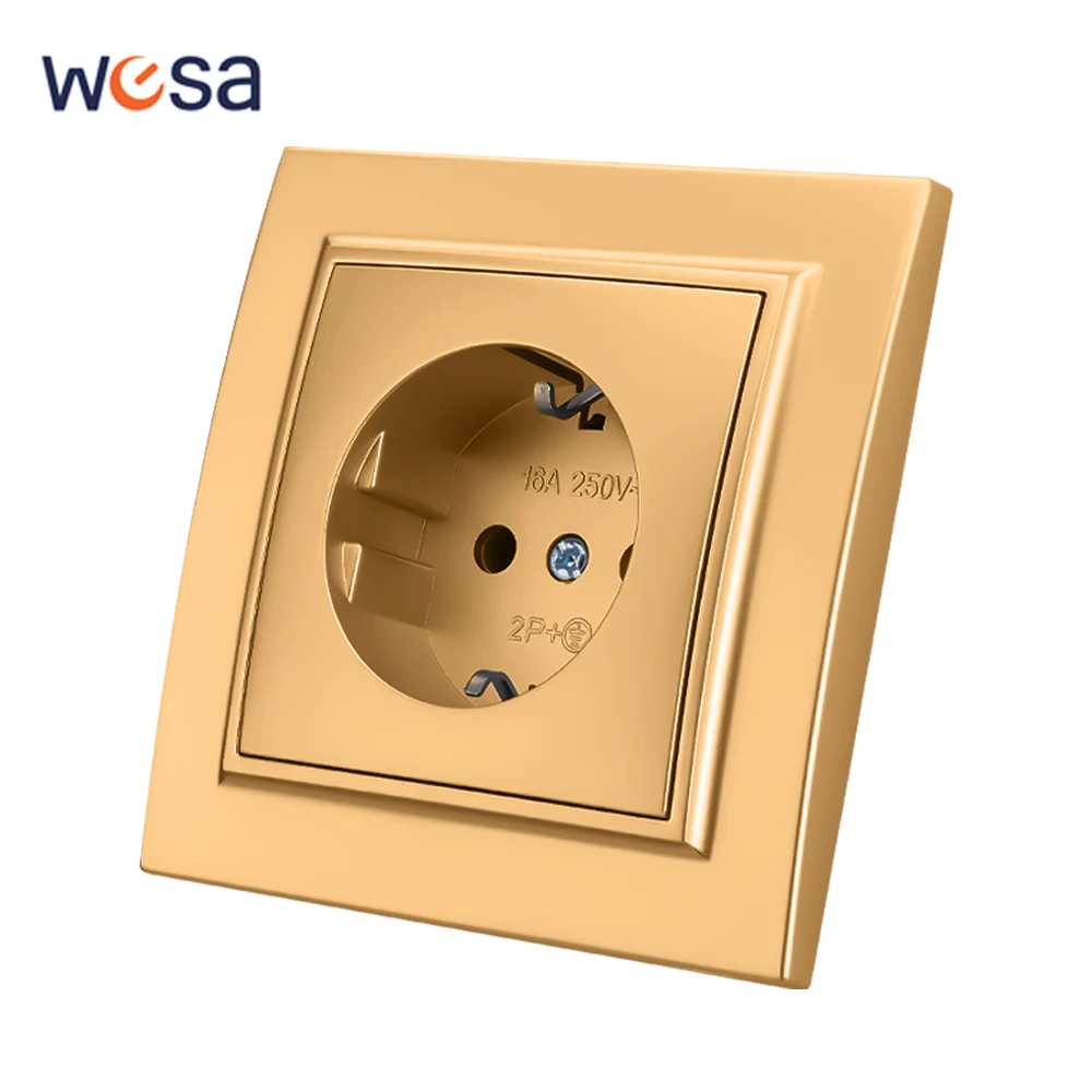 WESA Golden Sockets Plugs Power Socket EU Electrical Outlett With Ground Flame Retardant Spray Paint Plastic Wall Embed Socket