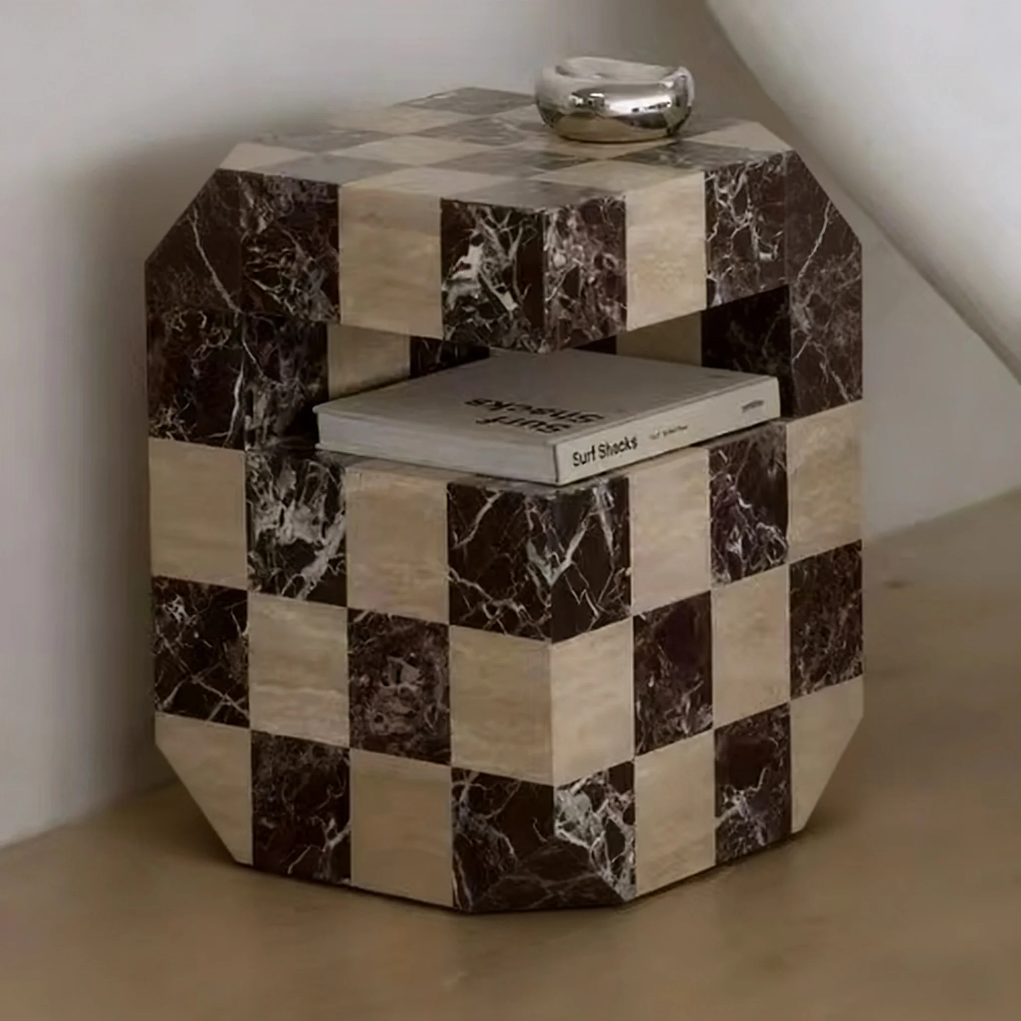 2026 Modern Travertine and Rosso Levanto Natural Marble Square Coffee Table Checkerboard Table Modern Marble Coffee Table Side T