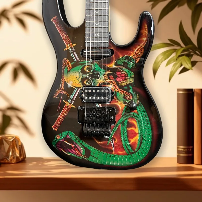 6 String ST Electric Guitar Snake Skull Graphic HH Pickups Double Tremolo Bridge Metal Hard Rock Stage Performance Guitar