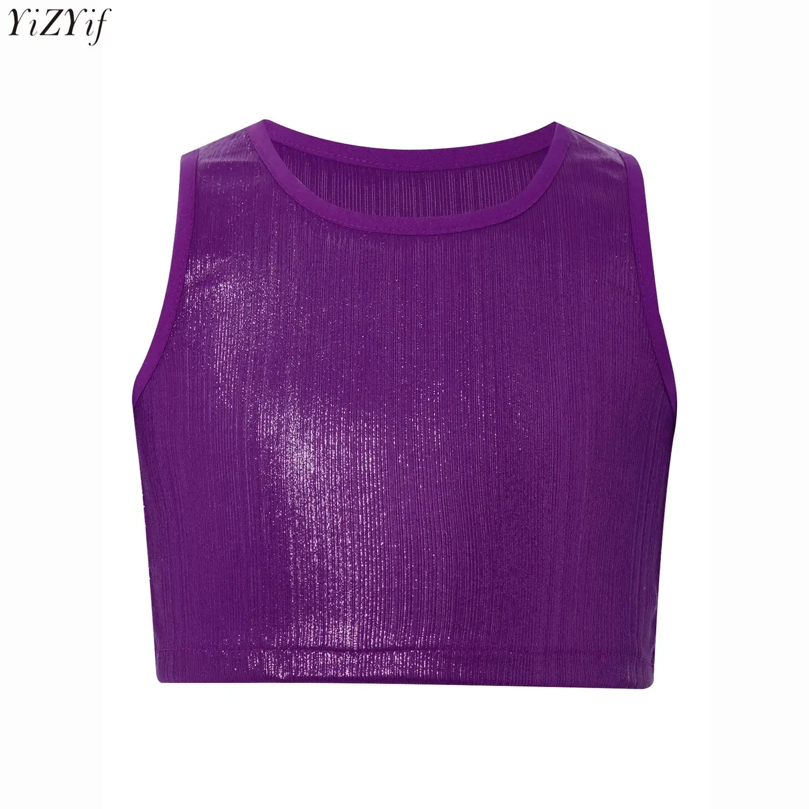 

Kids Girls Jazz Latin Dance Top Round Neck Sleeveless Metallic Ribbed Camisol Crop Top Vest Stage Performance Costume Streetwear