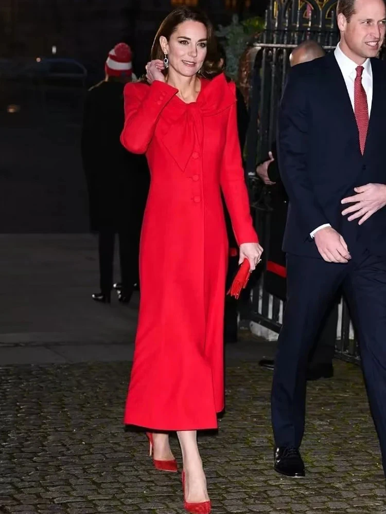 Principessa Kate Middleton Nuova moda di lusso Autunno Alta qualità Donna Elegante Casual Party Office Abiti rossi a maniche lunghe dolci