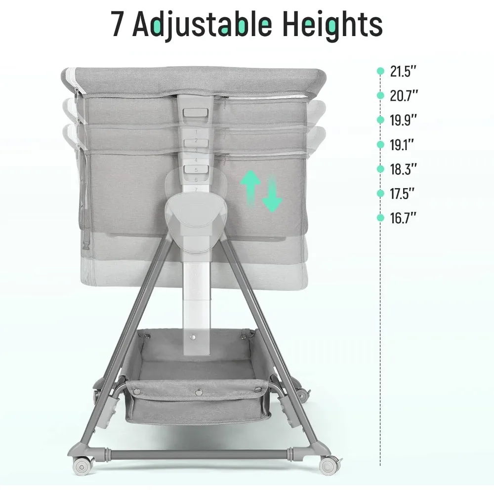 Baby Bassinet, Beside Sleeper for Baby Easy Folding Bedside Bassinet with Storage Basket and Wheels to Reduce